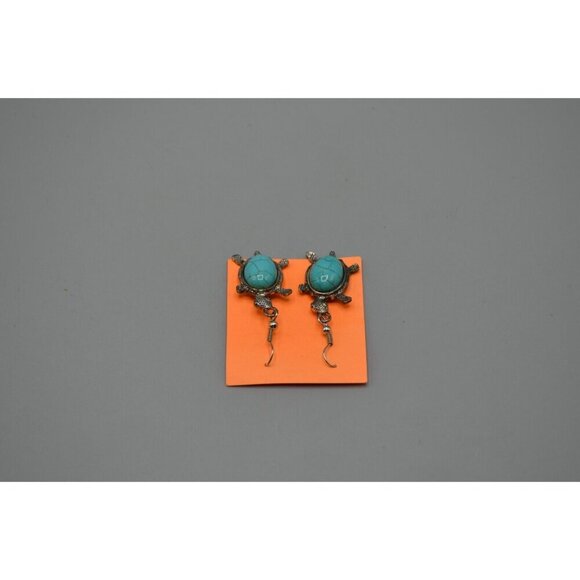 Silver Turtle Dangle Drop Earrings Turquoise Tortoise Stone 2 Inch Pre-Owned - Picture 3 of 5